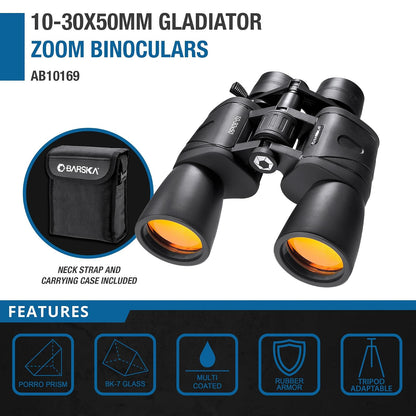 Barska AB10169 10-30x50 Gladiator Zoom Ruby Lens Porro BK-7 Prism , Black (Clam Pack)