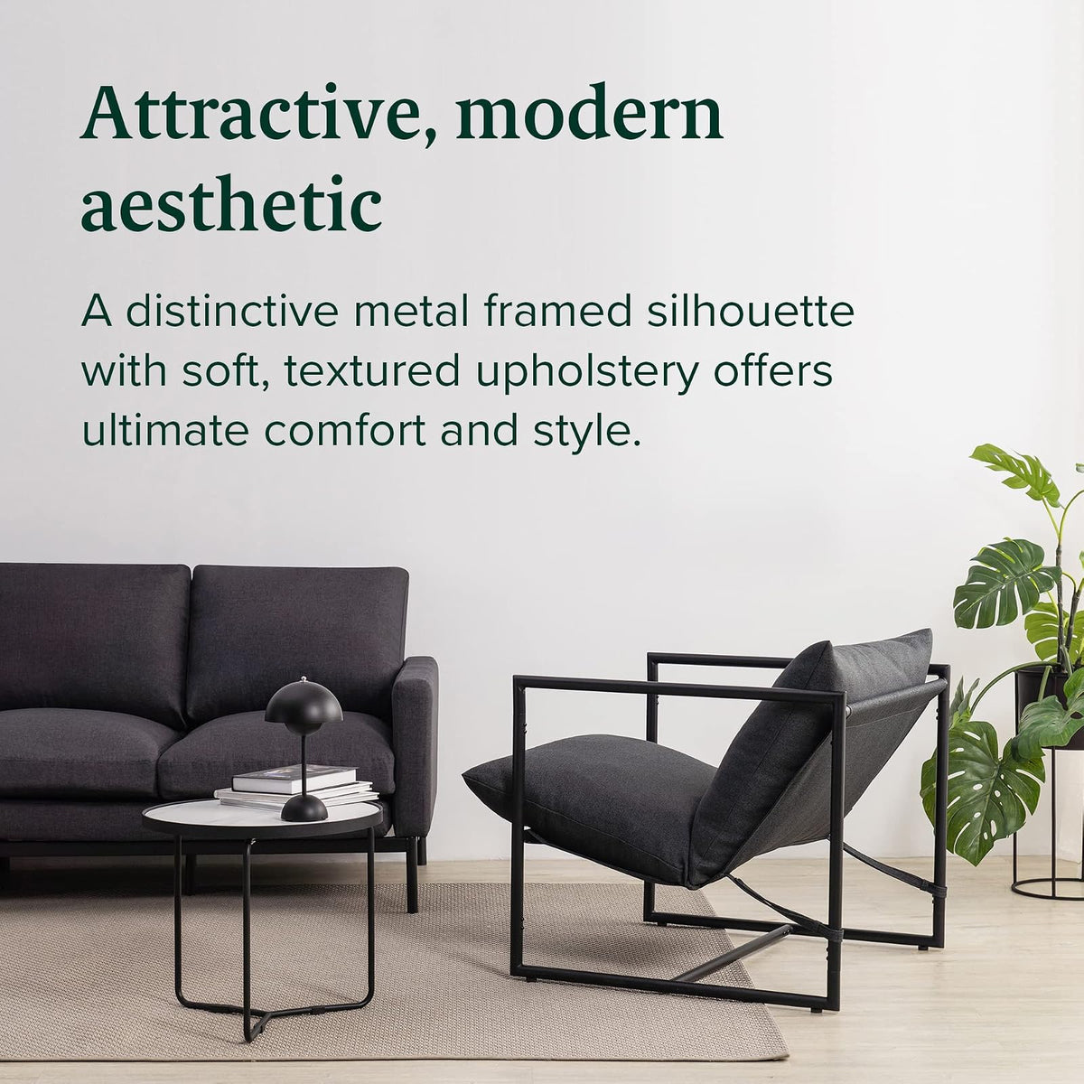 ZINUS Aidan Sling Accent Sillón con Marco de Metal con amortiguación de Espuma triturada, Gris Oscuro