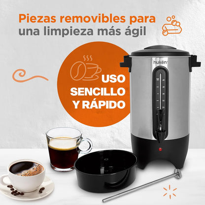 Urna de Café MasterChef by Hukën, capacidad 45 Tazas Acero Inoxidable con Ventanilla Indicadora de Nivel de Agua, 1000W de Potencia para Rápido Calentamiento, modelo MK-UCM-45