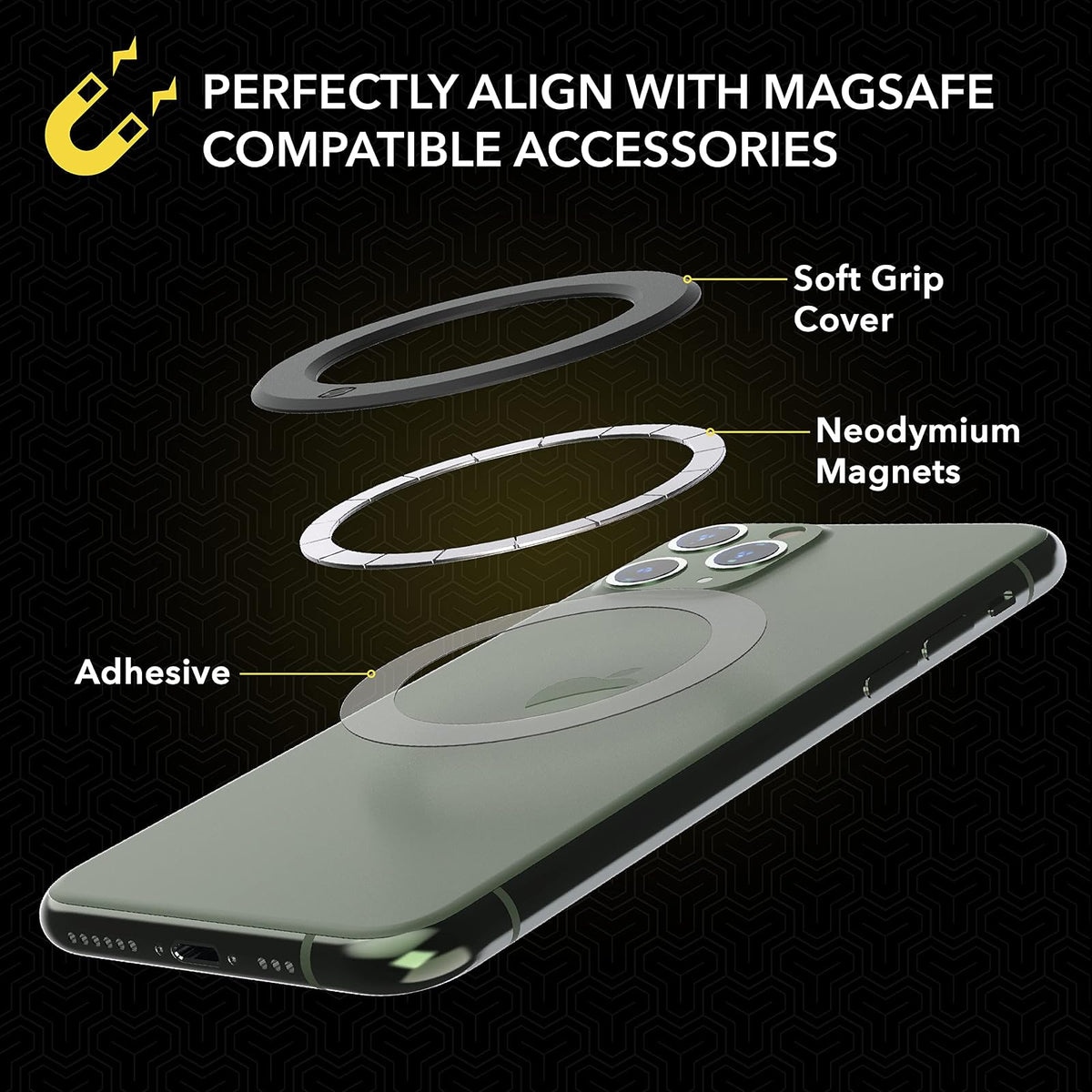 Scosche - Adaptador magnético calcomanía - Compatible con iPhone 8, X, 11, SE y Android con carga inalámbrica - MagSafe y Qi - Negro