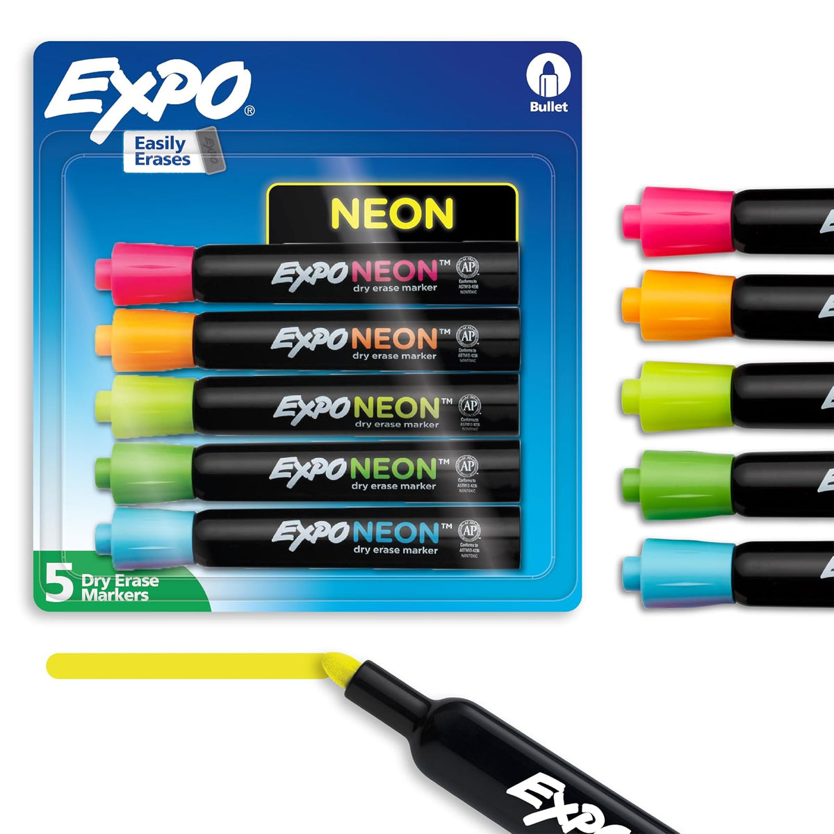 EXPO Marcadores de Borrado en Seco Punta Fina, Bajo Olor - 5 Marcadores - Colores neon - 5 Marcadores