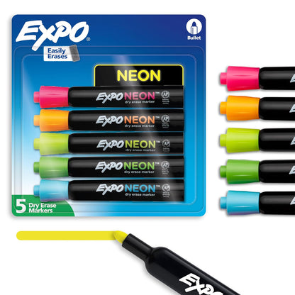 EXPO Marcadores de Borrado en Seco Punta Fina, Bajo Olor - 5 Marcadores - Colores neon - 5 Marcadores