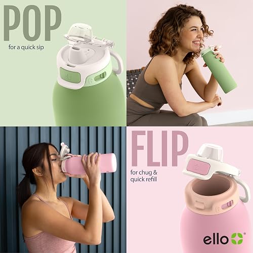 Ello Pop & Fill Botella de agua de acero inoxidable de 32 oz con tecnología QuickFill, de doble pared y aislada al vacío, con tapa de cierre a prueba de fugas, popote y trago, reutilizable, sin BPA