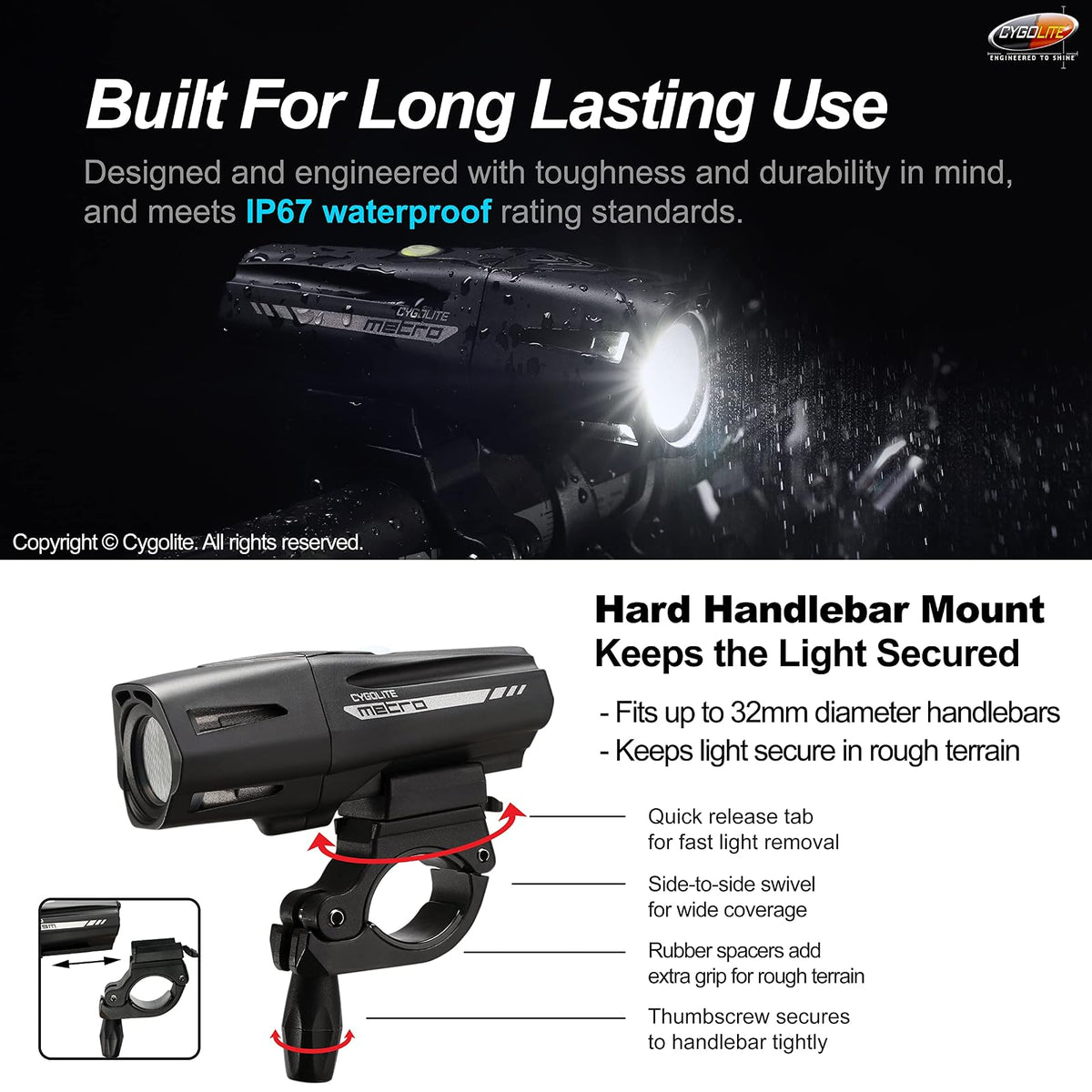 Cygo Lite Metro Pro - Luz de Bicicleta de 1.100 lúmenes, 9 Modos nocturnos y de día, Compacto y Duradero, Resistente al Agua, IP67, Soporte Duro Seguro, Faro Recargable USB, para Carretera, montaña,