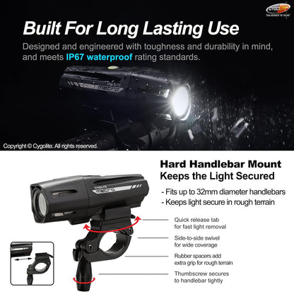 Cygo Lite Metro Pro - Luz de Bicicleta de 1.100 lúmenes, 9 Modos nocturnos y de día, Compacto y Duradero, Resistente al Agua, IP67, Soporte Duro Seguro, Faro Recargable USB, para Carretera, montaña,