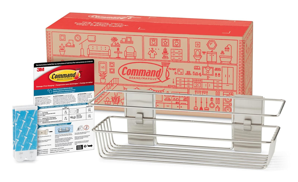 Command - Organizador de baño de níquel satinado con tiras resistentes al agua, organizador de baño, soporta hasta 6 libras