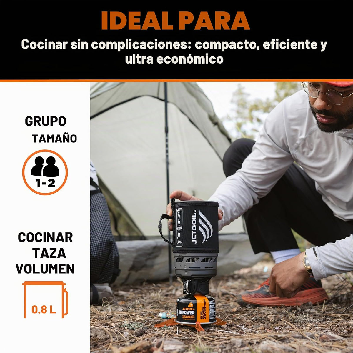 Jetboil - Estufa portátil de ebullición rápida con cierre de 0,8 l con botón de giro fácil para mochileros y camping, quemador de propano/isobutano con taza de cocina, carbono