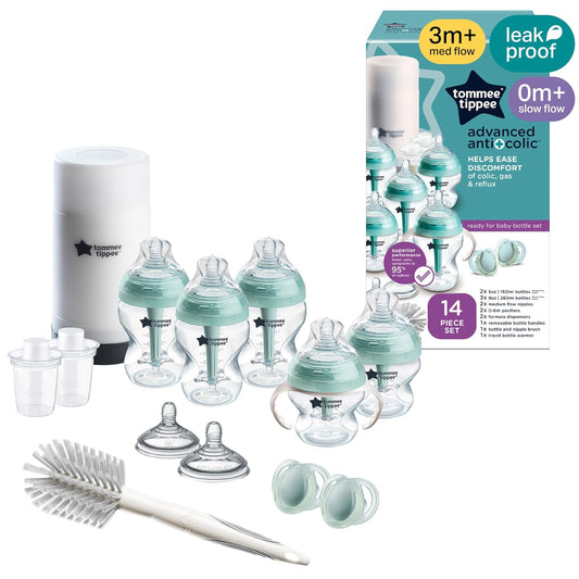 Tommee Tippee Set Biberones, Calentador y Chupones Anticólicos, 0m+ | 14 Piezas, 5 Biberones Libres de BPA, Calentador de Viaje, 2 Chupones Recién Nacido, 2 Tetinas Extra, Cepillo, Asas