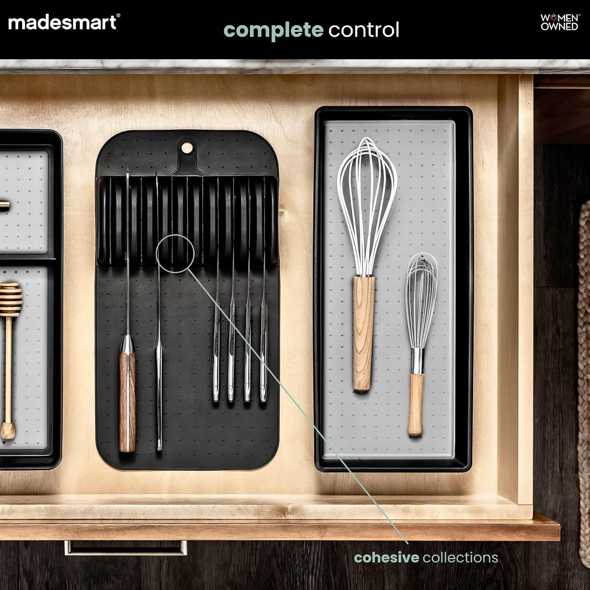 Madesmart Classic - Alfombrilla de cuchillo grande con agarre suave, cajón antideslizante, organización duradera para el hogar, sin BPA, color blanco