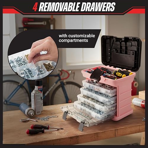 Stalwart - 75-STO3183 Parts & Crafts Caja de herramientas estilo estante con 4 organizadores, rosa