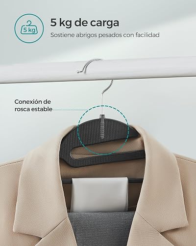 SONGMICS 50 Perchas de Plástico, Antideslizantes, Ahorro de Espacio, 41,5 cm de Largo, Gancho Giratorio 360º, Negro MCRP41BK-50