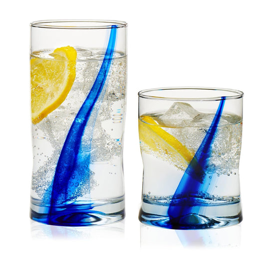 Libbey - Juego de 8 vasos y rocas de cinta azul, juego de vasos artesanales, de cuatro hoyuelos, vasos de vidrio transparentes para uso diario