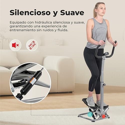Sunny Health & Fitness Mini Stepper Giratorio Smart con Manillar | Giro Lateral, 160 kg, App SunnyFit, Altura Ajustable, Escaladora Hidráulica, Pantalla LCD, Soporte Dispositivo