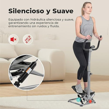 Sunny Health & Fitness Mini Stepper Giratorio Smart con Manillar | Giro Lateral, 160 kg, App SunnyFit, Altura Ajustable, Escaladora Hidráulica, Pantalla LCD, Soporte Dispositivo