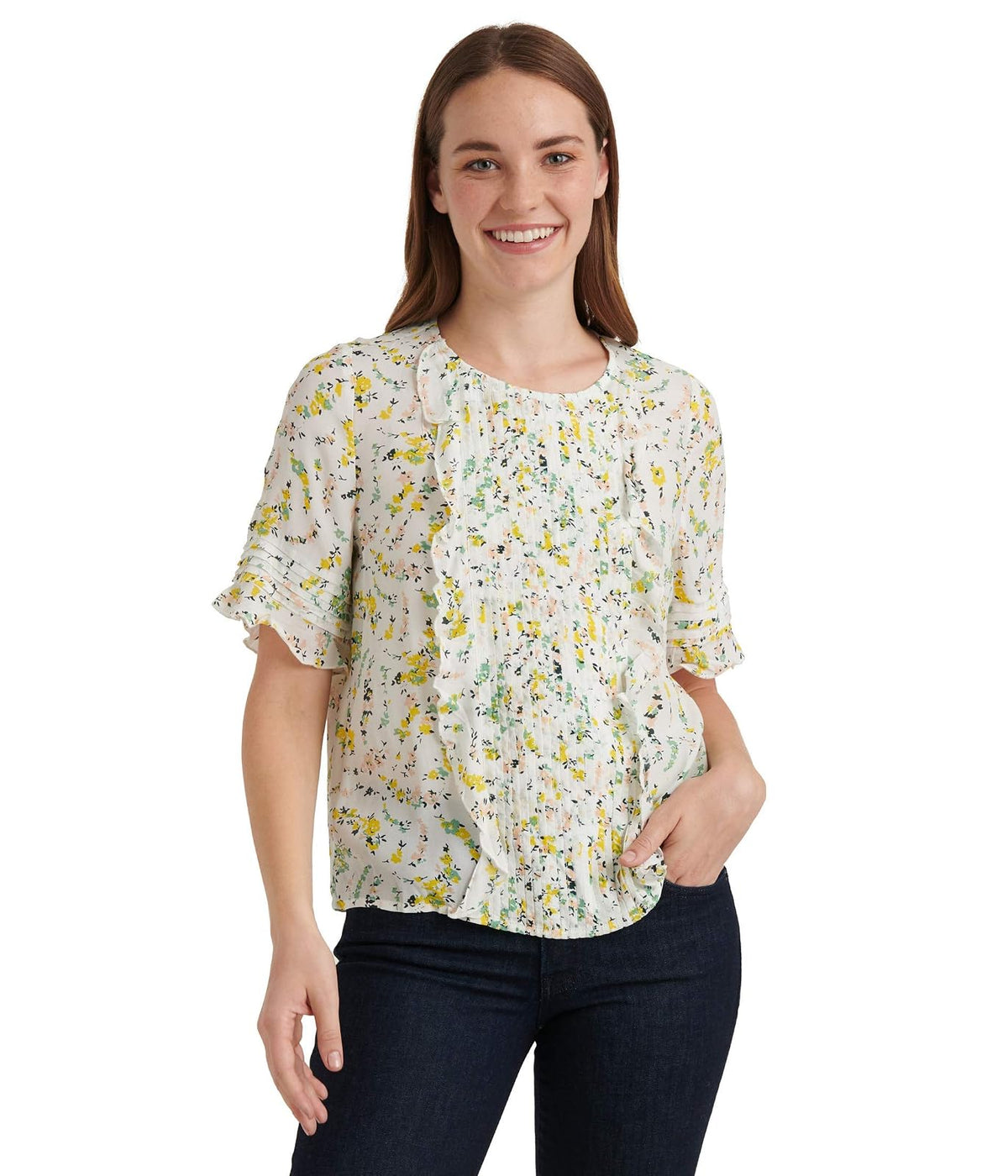 Lucky Brand Camiseta de Manga Corta con Cuello Redondo Skylar, alforzado Blusas para Mujer