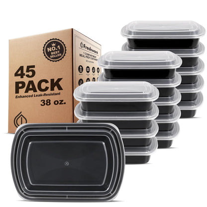 Freshware - Recipientes para preparación de comidas [45 unidades] 1 compartimento con tapas, recipientes de almacenamiento de alimentos, caja bento, sin BPA, apilables, aptos para
