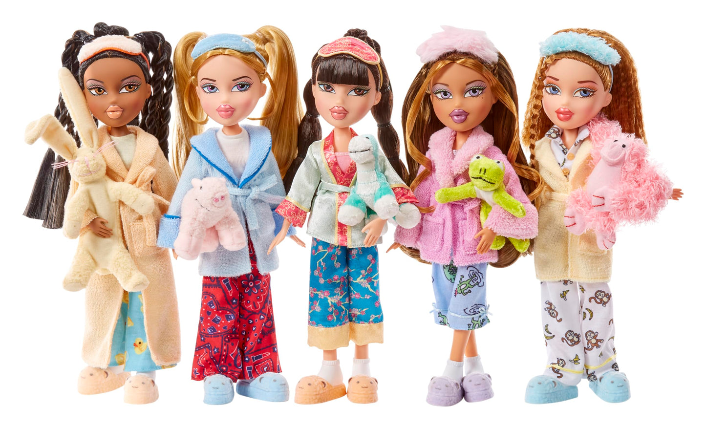 Bratz Muñeca Sasha Slumber Party - Incluye 2 Conjuntos de Pijamas para Combinar como Tu Quieras, Su Estilo Único de Cabello Negro con Reflejos Marrones en Coletas y Maquillaje Tono Durazno.