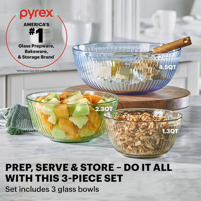 Pyrex Colors - Juego completo de 6 piezas, cuencos para mezclar de vidrio pequeños/medianos/grandes con tapas, juego de cuencos para ahorrar espacio para preparar y hornear, 1.3QT, 2.3QT y 4.5QT