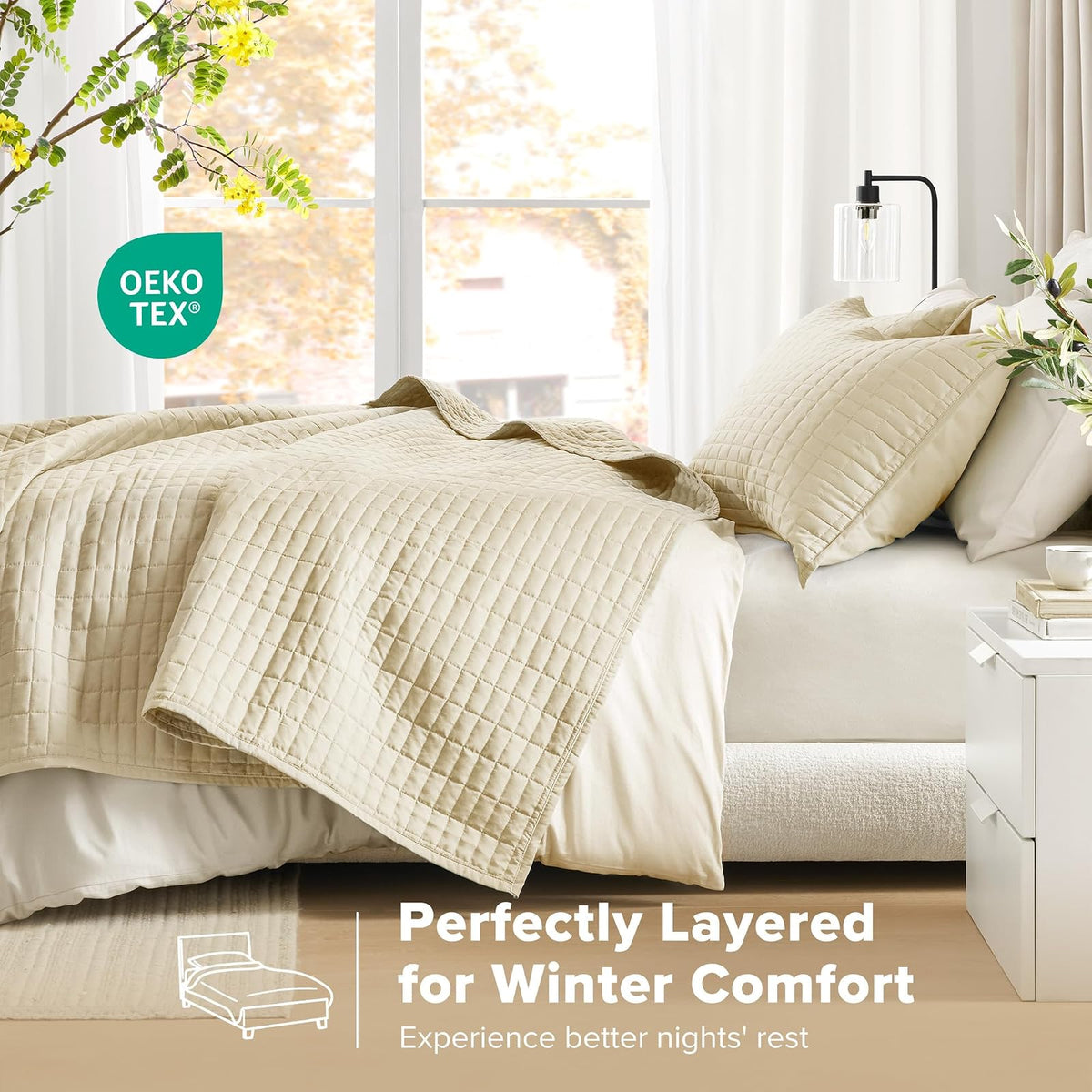 Comfort Spaces Kienna - Juego de edredón de Lujo de Doble Cara, diseño de Costura de Verano, Ligero, Suave, Capa de Ropa de Cama para Todas Las Estaciones, Funda a Juego, Marfil, Colcha