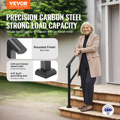 VEVOR de Escalera para Pasamanos de Escalera 2-3 Escalones 2 PCS con Kit de Instalación Tubo Cuadrado de Acero al Carbono para Personas Mayores, Escalones de Concreto, Porche, Patio, Negro