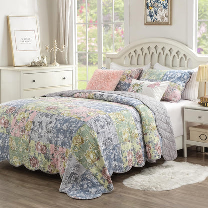 Greenland Home Emma Floral clásico Juego de edredón Reversible, Tamaño 3 Piezas King, Gris
