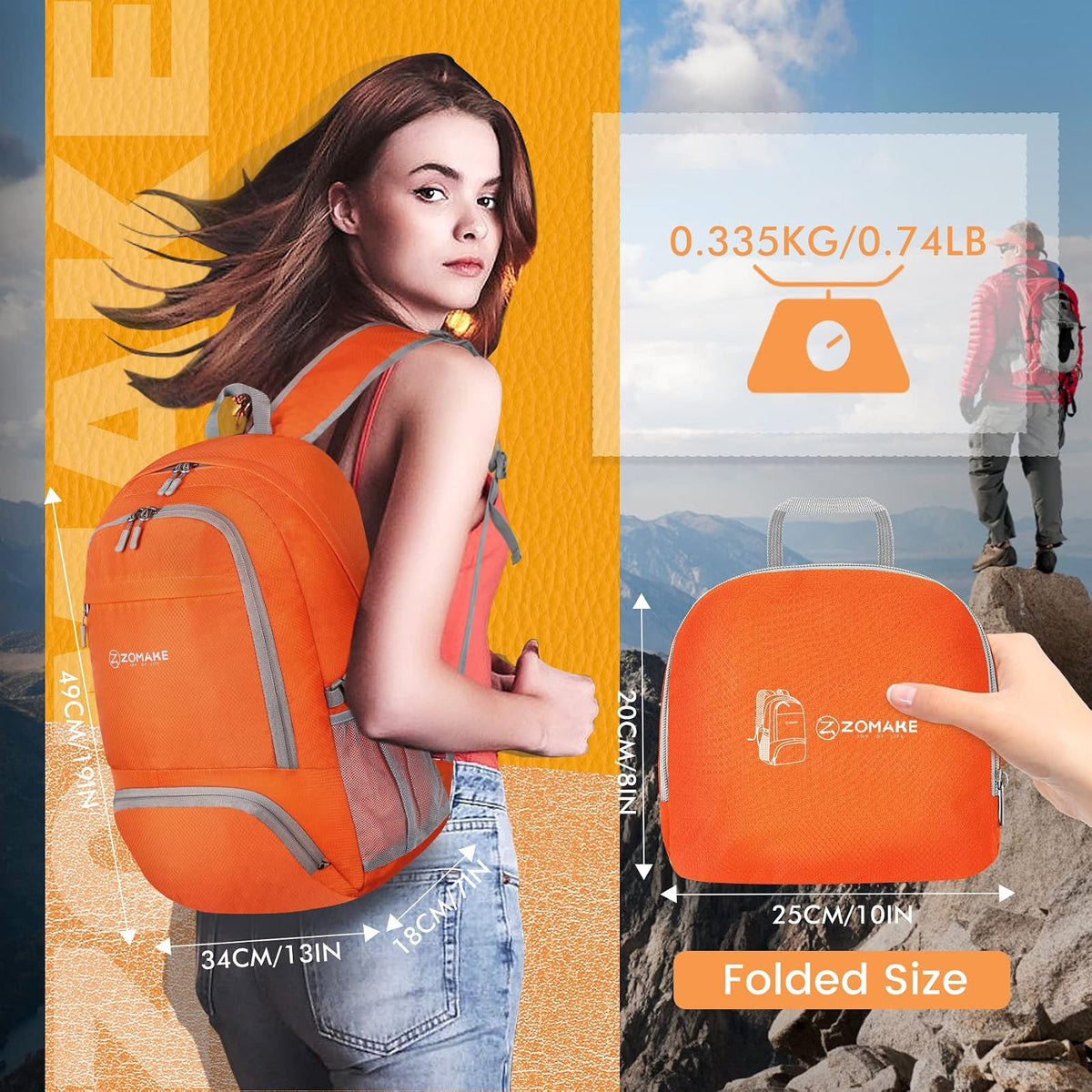ZOMAKE Ultraligera Plegable Mochila, 30L Resistente Agua Viaje Mochila Liviana Empacable Bolsa Acampar Senderismo camina Mochila Naranja