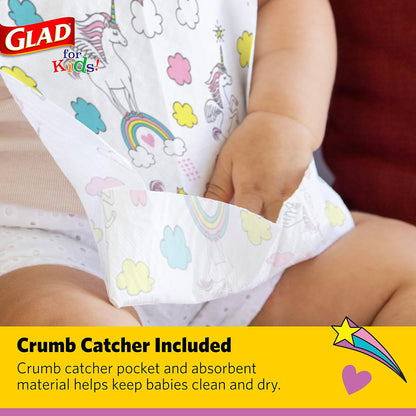 Glad for Kids - Baberos desechables de papel de unicornio con recogedor de migas para alimentar, absorbentes y a prueba de fugas, artículos imprescindibles para comidas sin desorden, 30 unidades