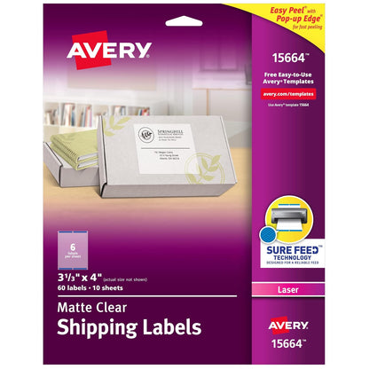 Avery Etiquetas de envío imprimibles con alimentación segura, 3-1/3 x 4 pulgadas, transparente mate, 60 etiquetas de correo en blanco (15664)