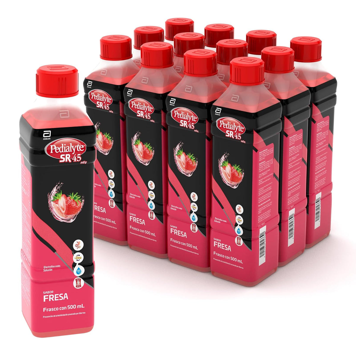 Pedialyte - Electrolitos Orales, 45 mEq, Solución Oral Sabor Fresa 500 ml - Caja con 12 piezas, Auxiliar en la Deshidratación por Diarrea, Vómito y Ejercicio