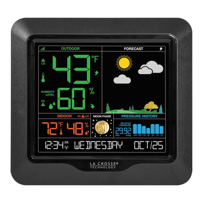 La Crosse Technology - Estación de pronóstico de color - visualización grande, alertas de temperatura/humedad, escenas estacionales - Monitoreo interior/exterior, registros HI/LO, presión barométrica
