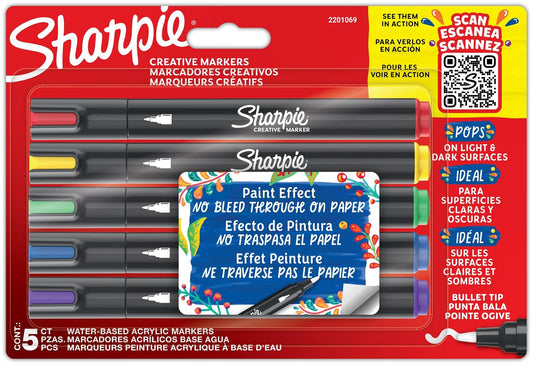 Sharpie Marcadores Creativos, Marcadores Acrílicos a Base de Agua, Punta Pincel, Colores Surtidos, 5 Piezas