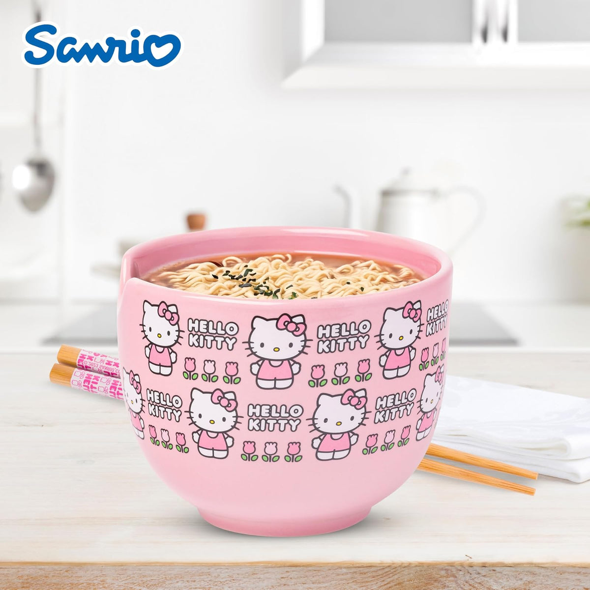 Silver Buffalo Sanrio Hello Kitty - tazón de arroz con palillos para fideos de cerámica con diseño de flores, apto para microondas, 20 onzas