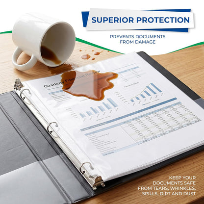 Samsill 100 protectores de hojas transparentes de peso estándar, protectores de páginas de plástico reforzado con diseño de 3 orificios, caja fuerte para archivos, carga superior para hojas de 8,5 x