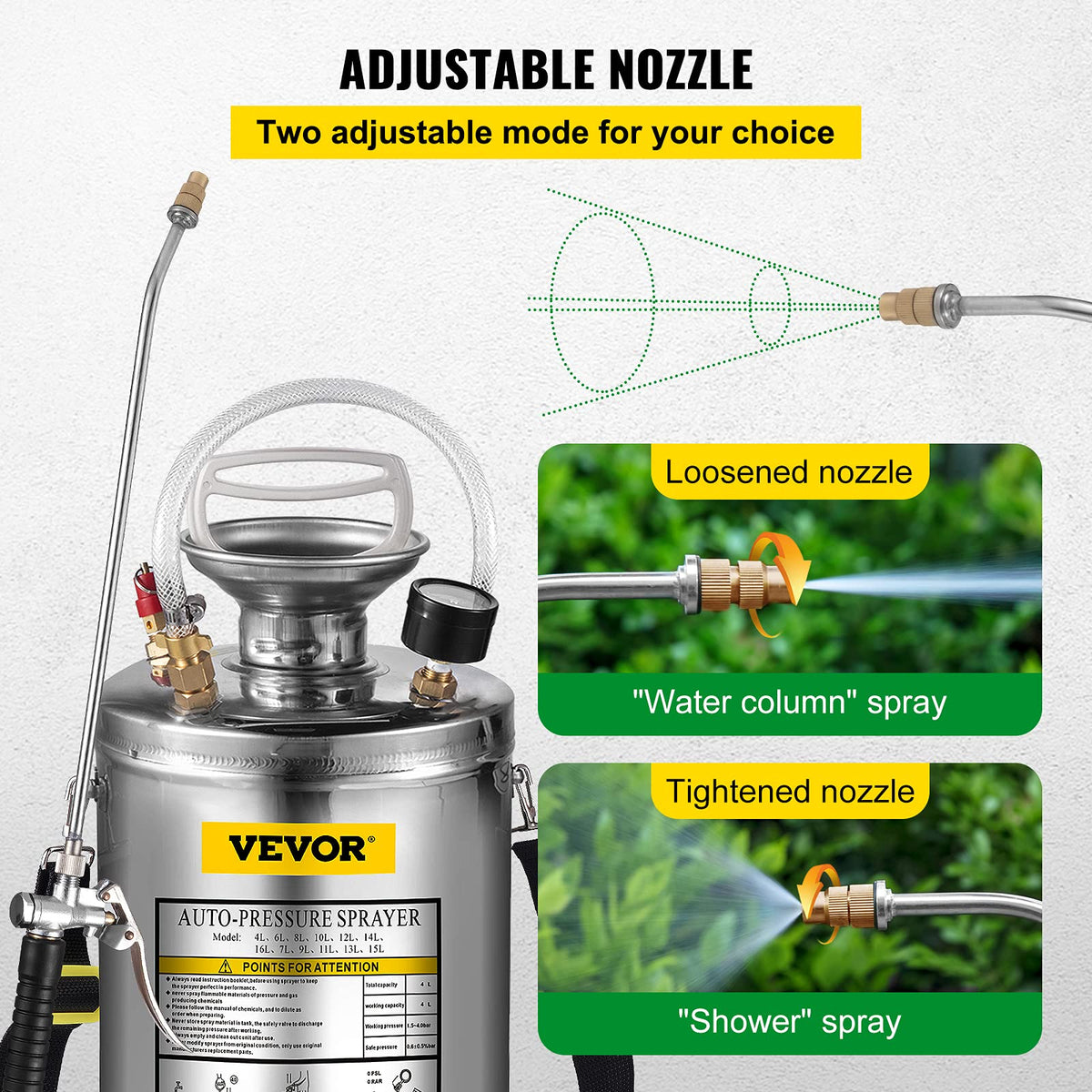 VEVOR Pulverizador de Mochila Manual Capacidad de 4 L Rociador de Mochila Presión de 1,5-4,0 Bar con Boquilla de Latón Uso en Interior y Exterior para Jardinería Doméstica y Limpieza de Pisos