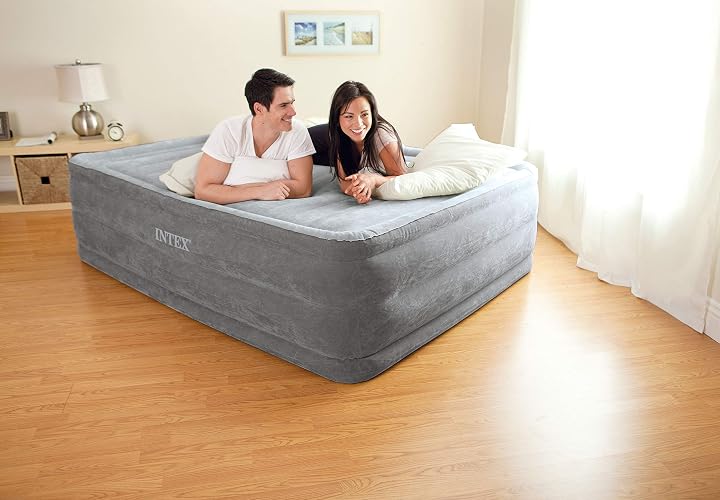 Intex 64417ED Comfort colchón de Aire Elevado de Felpa Dura-Beam con Bomba eléctrica Interna, Altura de la Cama de 22 Pulgadas, Queen
