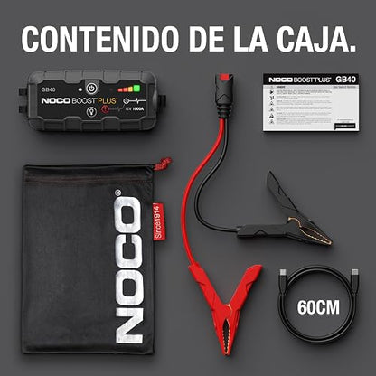 NOCO Boost GB40: Arrancador de batería de Auto 1000A – Booster de Litio portátil 12V, Power Bank y Cables para Pasar Corriente – para Motores de Gasolina hasta 6.0L y diésel hasta 3.0L