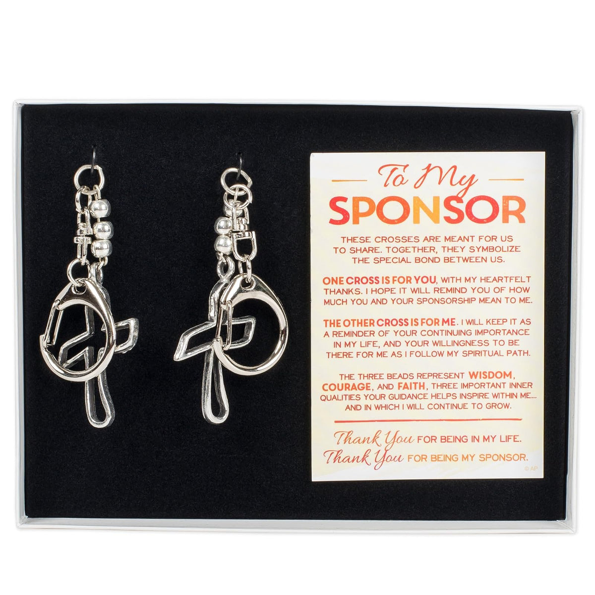 To My Sponsor Cross - Juego de regalo de llavero de cruz, regalos de recuperación y sobriedad para patrocinadores AA y NA, dijes de clip de abalorio de tono plateado de 4.5 pulgadas con tarjeta de regalo, por Abbey & CA Gift, 4 1/2", Plata, No es una pied