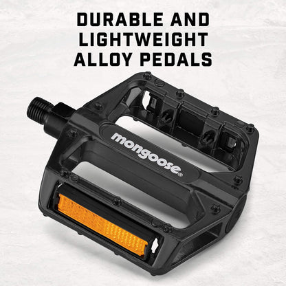 Mongoose - Pedales de Bicicleta de montaña para Adultos, adaptadores de 1/2" y 9/16", Pedal de Plataforma de Bicicleta de aleación Duradera, Tiras refectivas, Accesorios de Bicicleta MTB