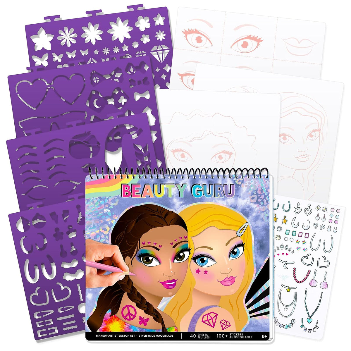 Fashion Angels - Portafolio de bocetos de Maquillaje y diseño de Cabello (11452) para Principiantes, Cuaderno de bocetos con Plantillas y calcomanías para Edades de 6 años en adelante