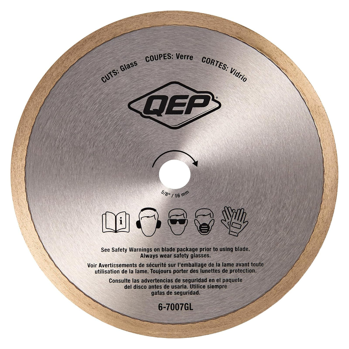 QEP 6-7007GL Hoja de diamante de vidrio de llanta continua de 7 pulgadas, altura de llanta de 7 mm, eje de 5/8 pulgadas, corte húmedo, 8730 RPM máximas