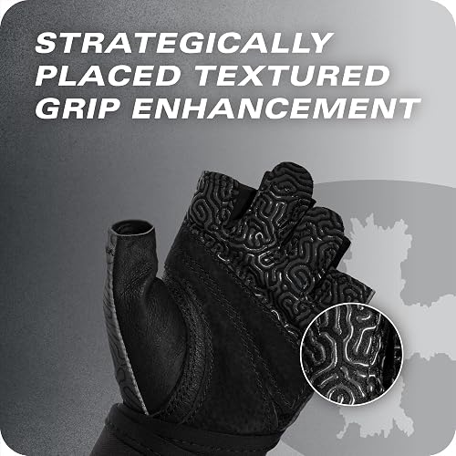 Harbinger Pro - Guantes de pulsera 3.0 - Agarre mejorado, soporte de muñeca superior, licra elástica transpirable en 4 direcciones, palma de piel duradera, diseño de medio dedo para levantamiento de