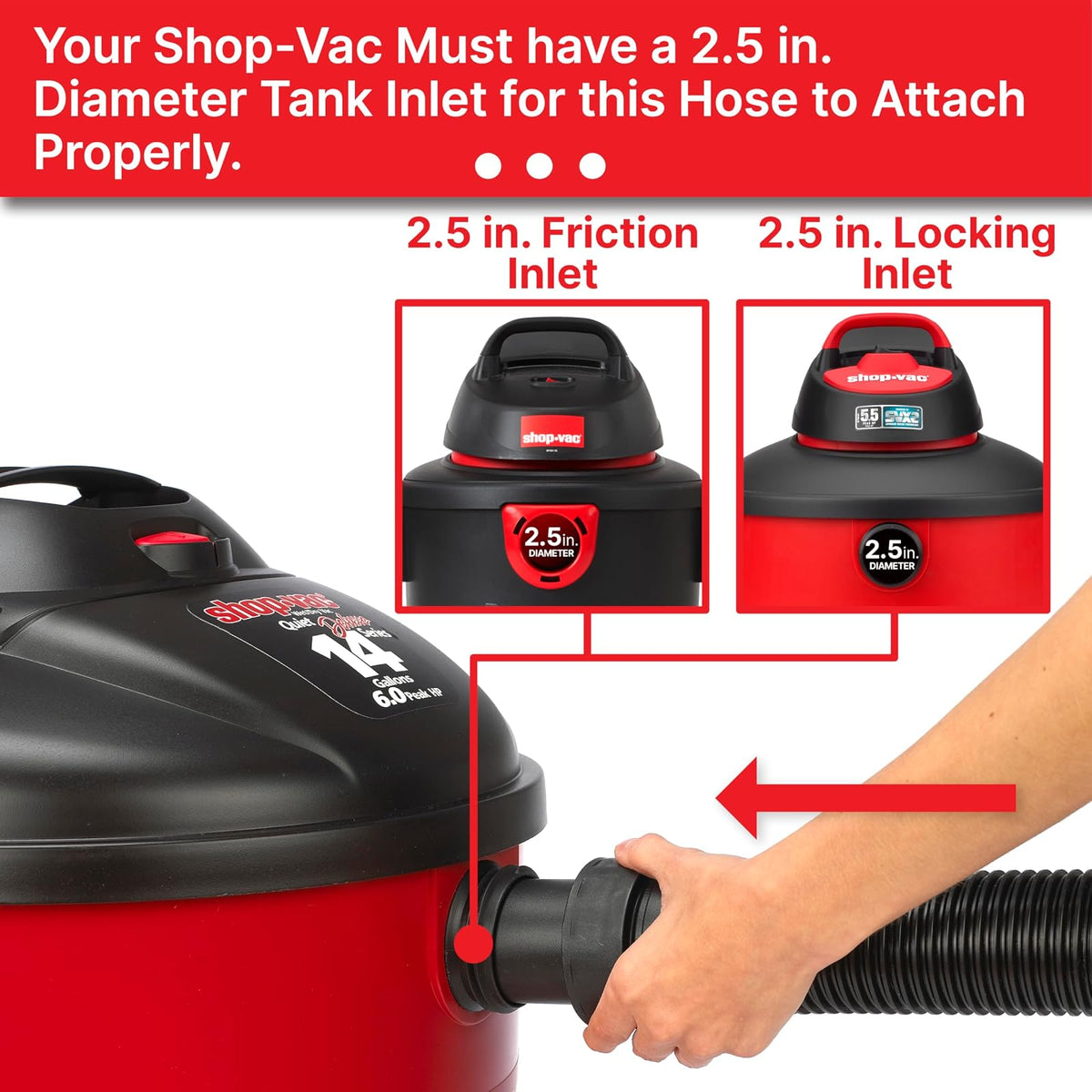 Shop-Vac 9050333 - Manguera de 2.5 pulgadas de diámetro x 8 pies de longitud, largo alcance, manguera de aspiradora, negro, (paquete de 1)