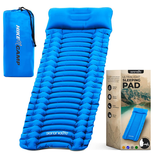 SereneLife Colchoneta Inflable para Dormir Almohada Incorporada, Resistente a Desgarros, Bolsa de Transporte para Camping, Senderismo y Excursionismo