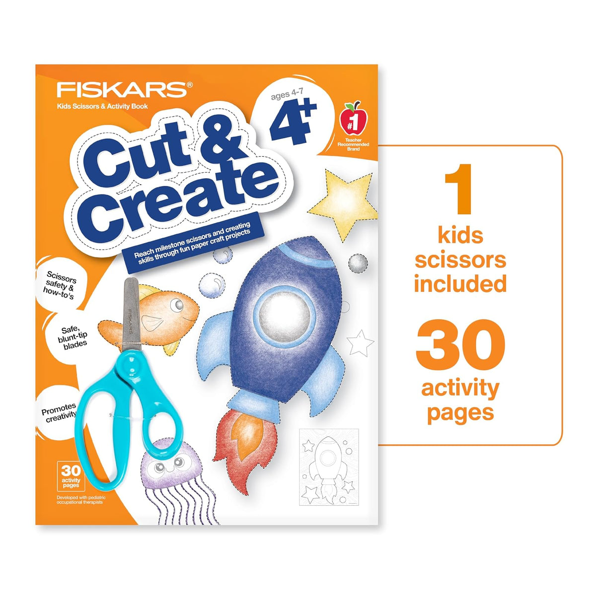 Fiskars Cut & Create - Libro de actividades con tijeras para niños de 5 pulgadas, a partir de 4 años