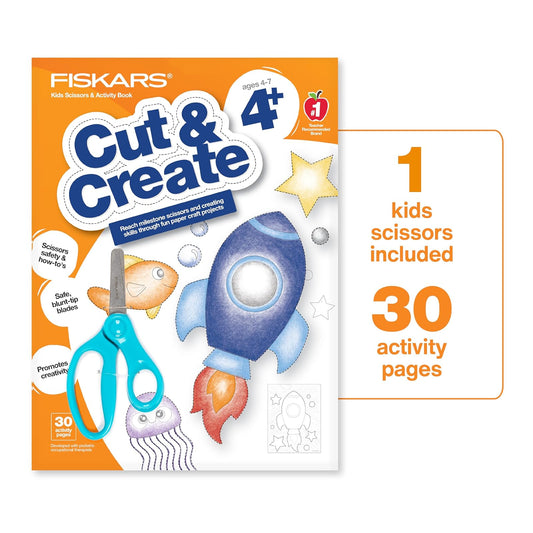 Fiskars Cut & Create - Libro de actividades con tijeras para niños de 5 pulgadas, a partir de 4 años