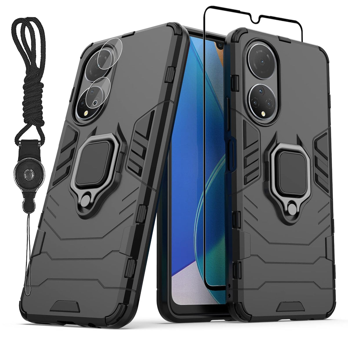 BestAlice Funda para Honor X7 Case + Protector de Pantalla de Cristal Templado + Lens Mica + Cordón para el Cuello, Rudo Uso Híbrida Armor Protección Carcasa, Negro