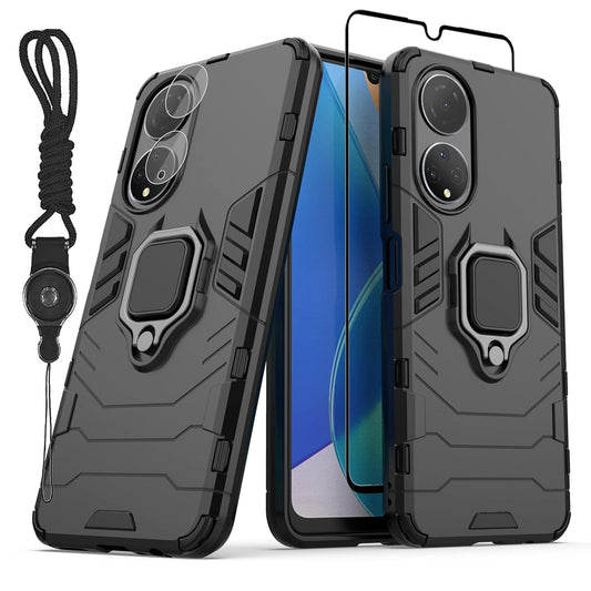 BestAlice Funda para Honor X7 Case + Protector de Pantalla de Cristal Templado + Lens Mica + Cordón para el Cuello, Rudo Uso Híbrida Armor Protección Carcasa, Negro