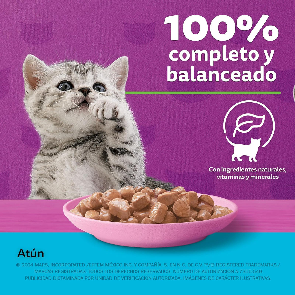 Whiskas - Alimento Húmedo para Gatitos, Sabor Atún, con Proteína, Zinc, Vitamina E y Fibra, 24 Sobres para Gato, 85 gr. c/u