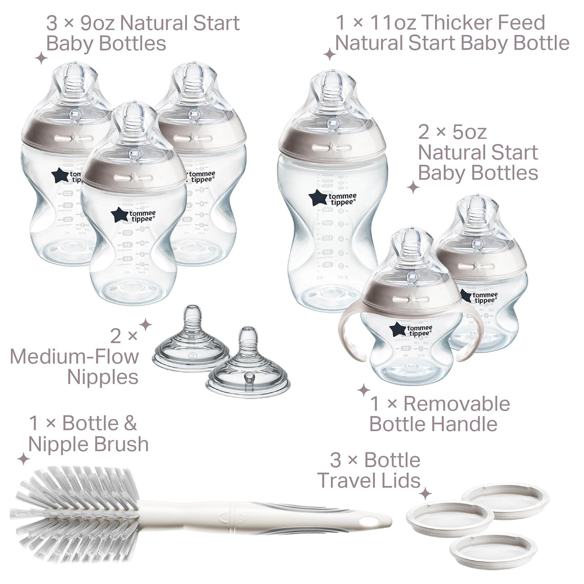 Tommee Tippee Set de Biberones Natural Start, Tetina Tipo Pecho, 0m+ | 12 Piezas, 2x150ml, 3x260ml, 1x340ml, Tetinas Flujo Lento, Medio y Espeso, Cepillo de Limpieza, Mamila Libre de BPA