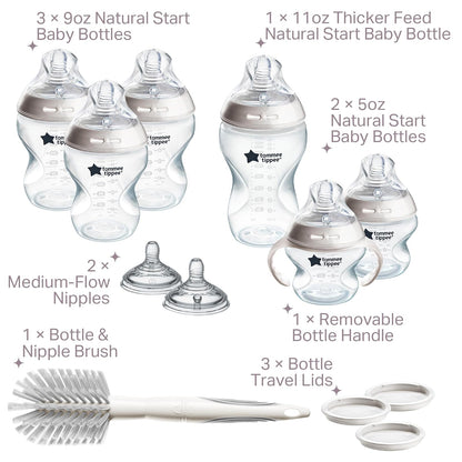 Tommee Tippee Set de Biberones Natural Start, Tetina Tipo Pecho, 0m+ | 12 Piezas, 2x150ml, 3x260ml, 1x340ml, Tetinas Flujo Lento, Medio y Espeso, Cepillo de Limpieza, Mamila Libre de BPA